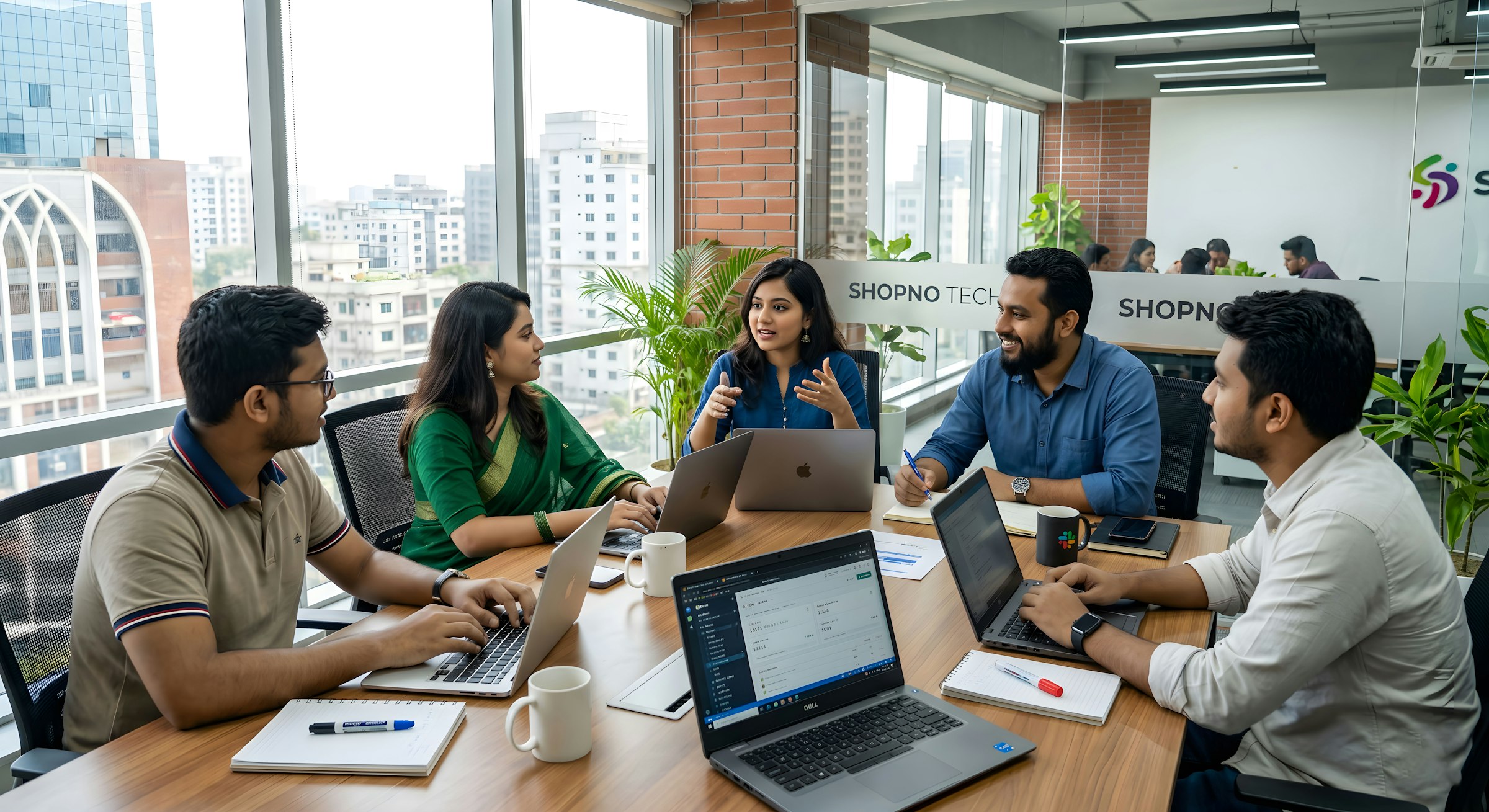 The team collaborating around a table